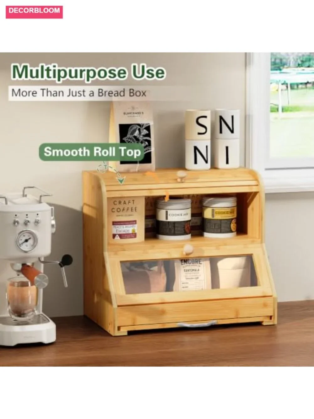Roll Top Bamboo Bread Box with Cutting Board, Large Capacity Kitchen Storage